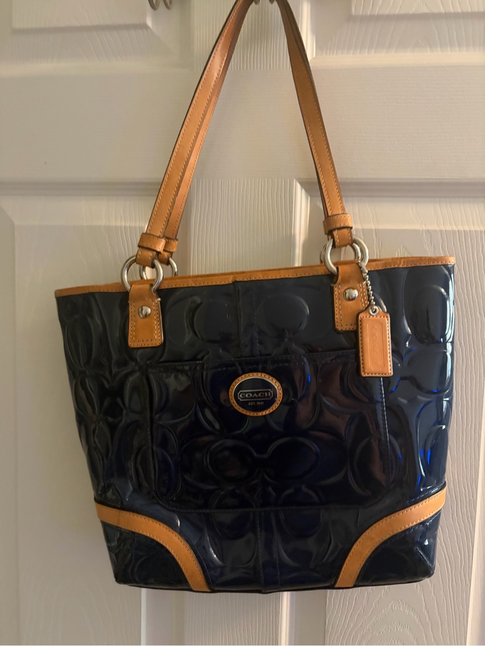 Coach Navy Patent Tote with Tan Leather Trim